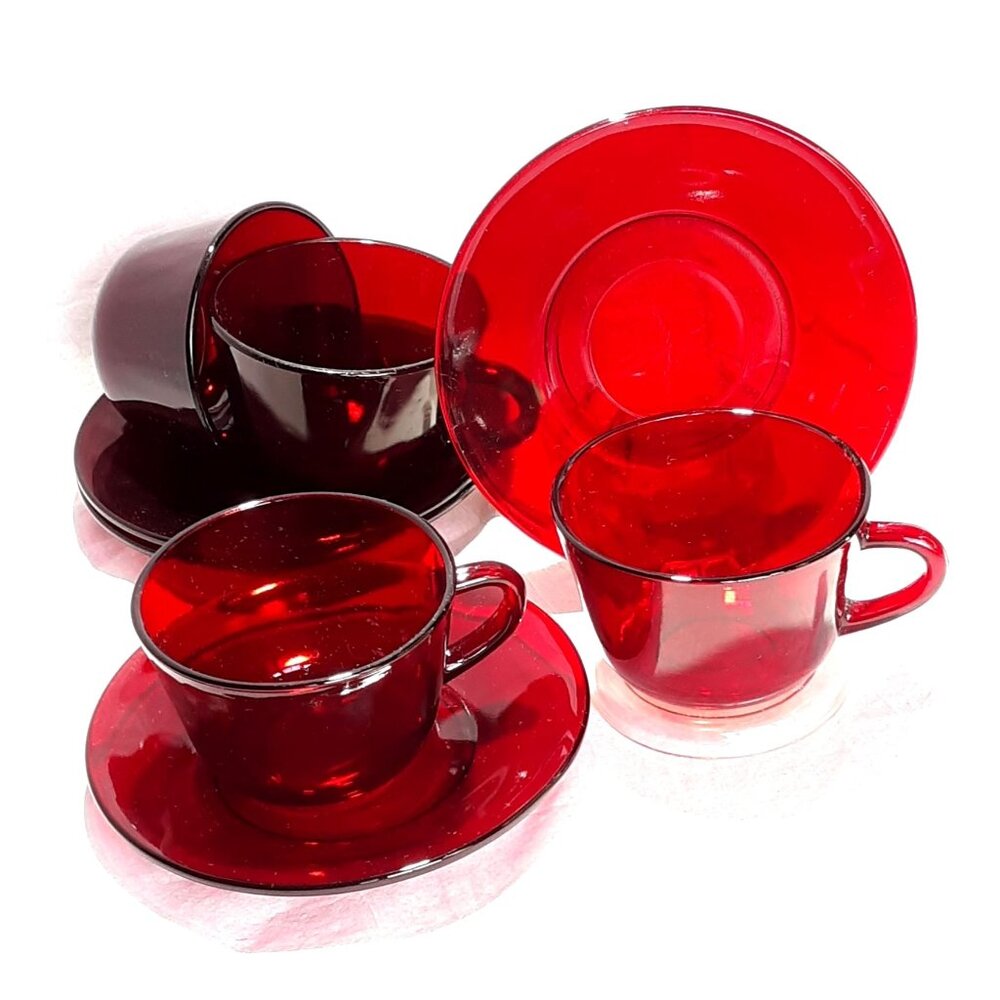 4 Royal Ruby Cups Saucers Vintage Anchor Hocking Discontinued Red Glass